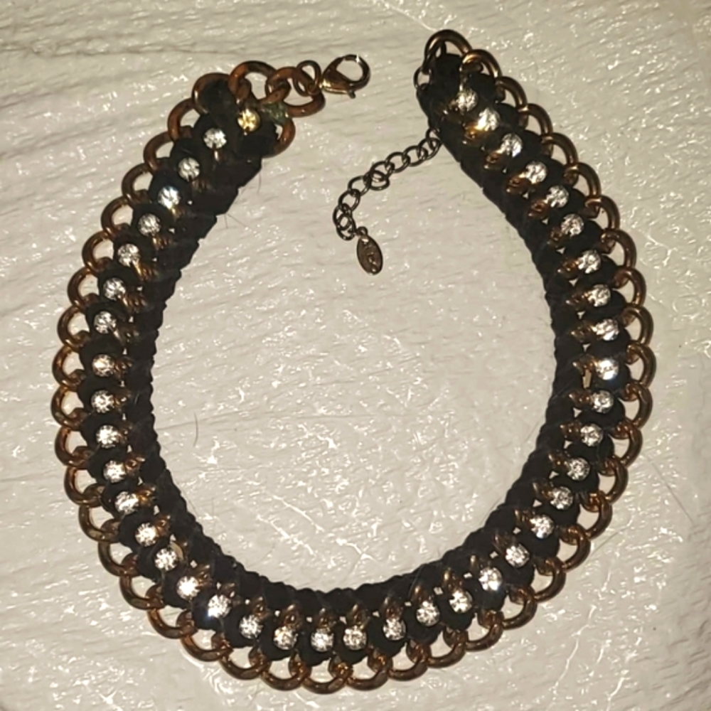 Chunky Gothic 1" Wide Choker Chain Black Braided Fabric & Big Rhinestones 15"